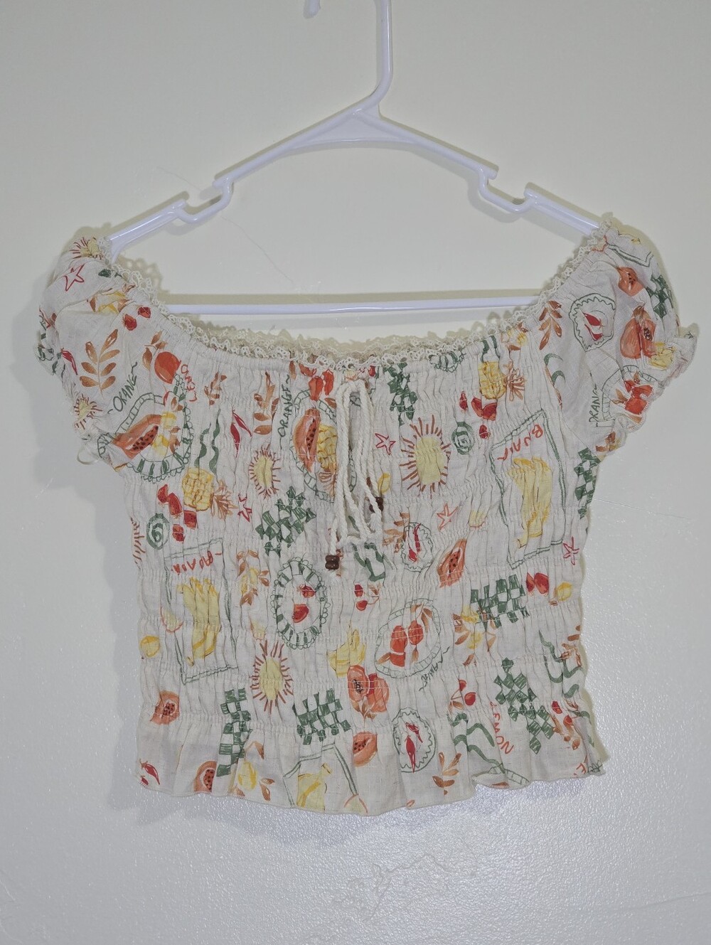 Kirious Smocked Italian Fruit Print Cropped Top Tie Front Lace Hem Sz S